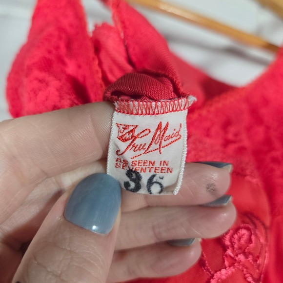 Vtg Tru Maid Red Lace Trim Slip Dress 36 Valentines Romantic Coquette Chemise - Picture 5 of 7